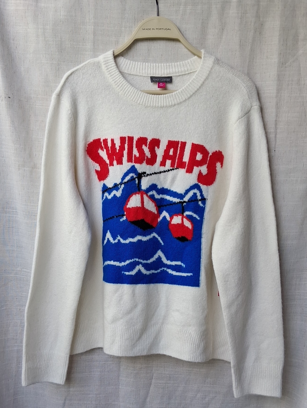 Vince Camuto White Sweater with Red & Blue Swiss Alps Graphic PL
